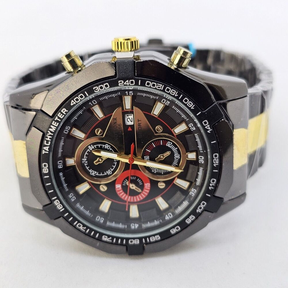 46MM Men's Watch Black Case Black Dial Date‎ Indicator Black Gold Bracelet 8"